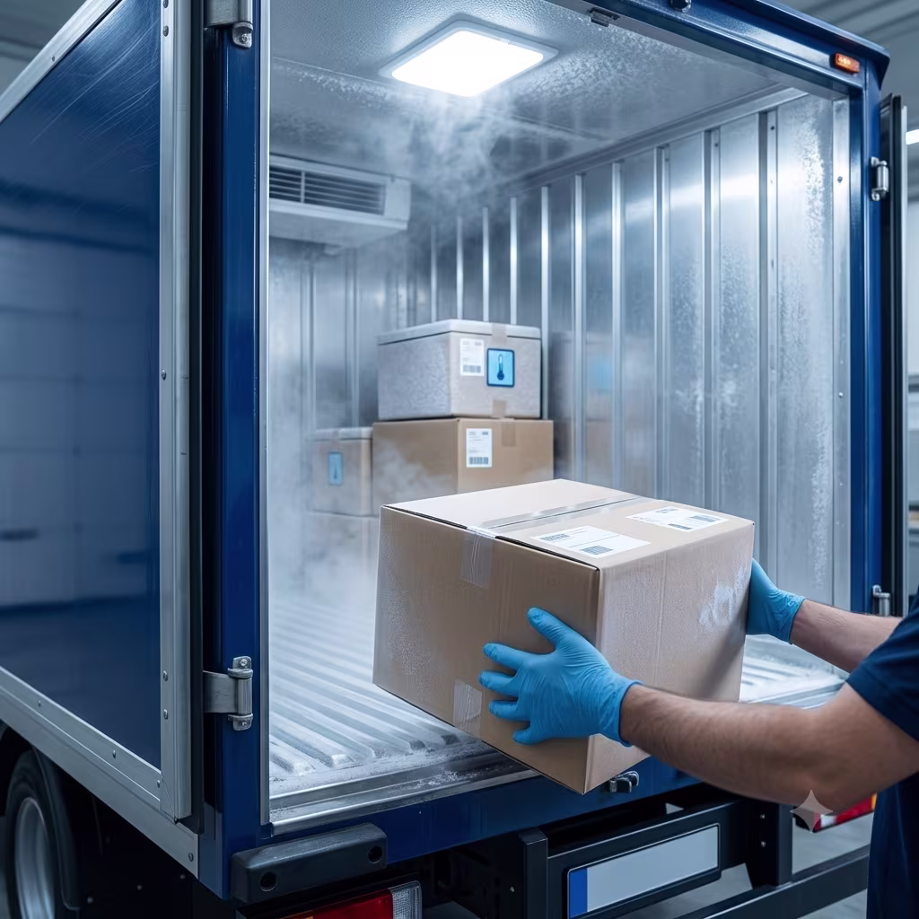 Pre-cooled reefer van loading at a cold store dock